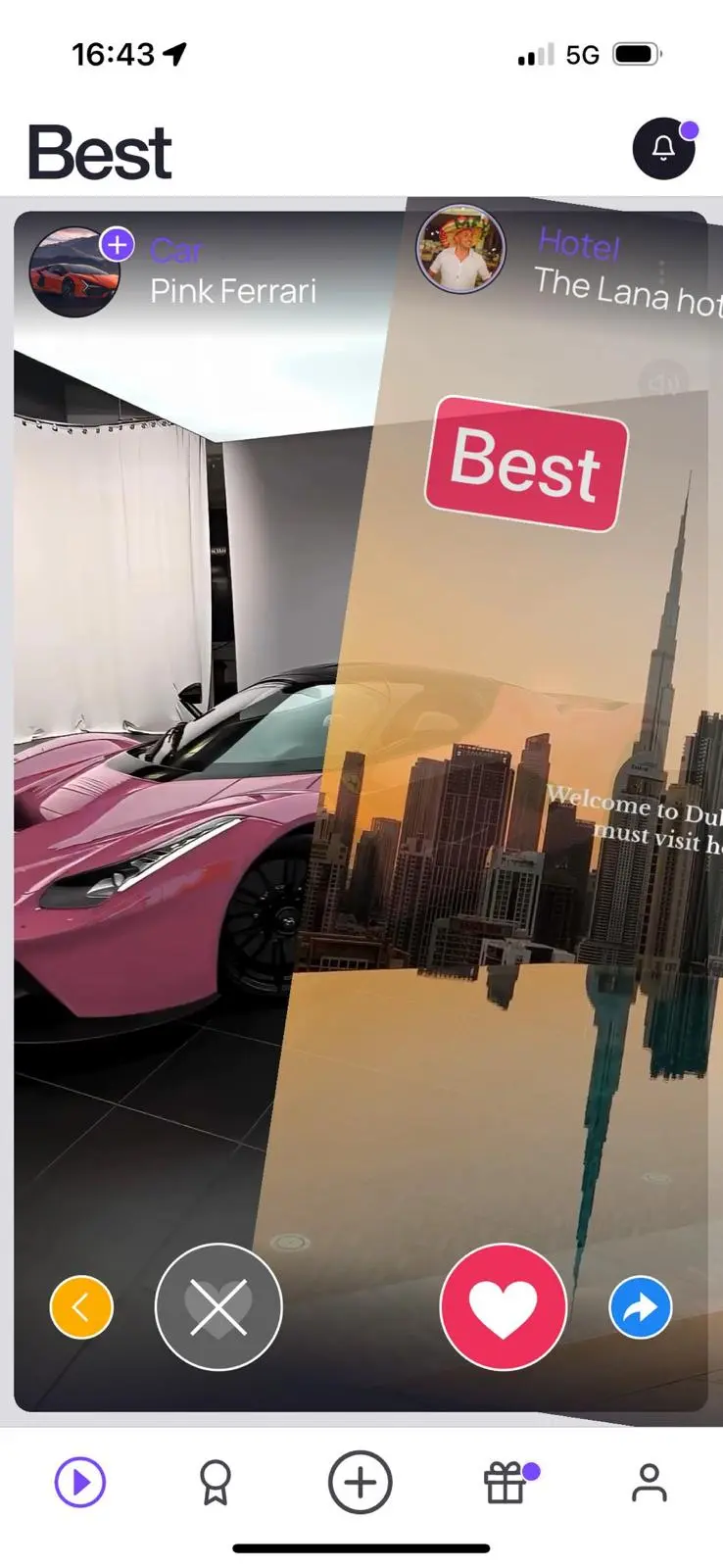Two videos side by side in the Best app, a car and a hotel, with the Best stamp