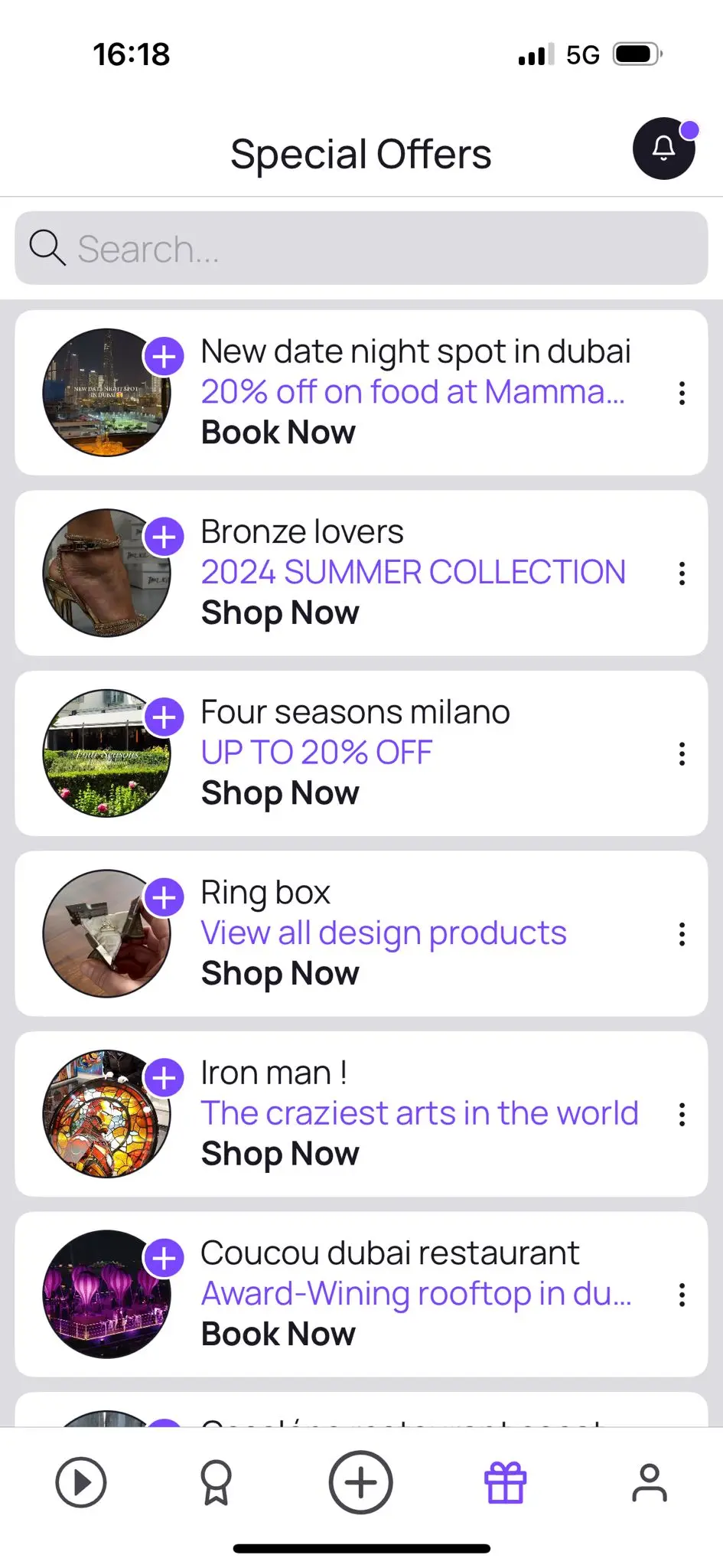 The Special Offers tab of the Best app, listing offers from restaurants, hotels and shops